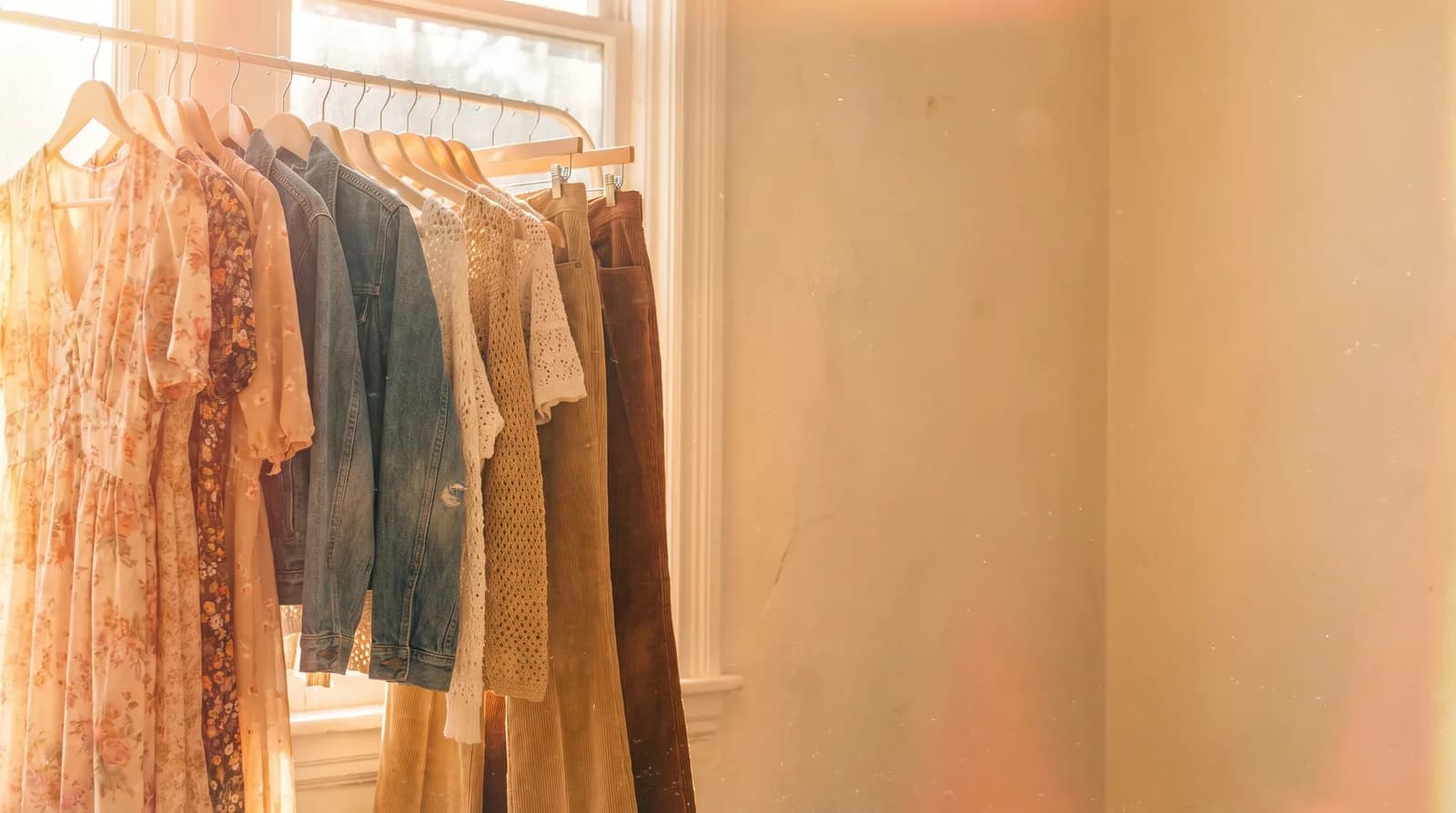 Arara de roupas garimpadas, banhada por uma luz quente de fim de tarde